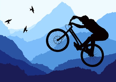 Mountain bike trial rider in wild nature landscape illustrationのイラスト素材