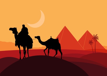 Camels with pyramids in wild africa landscapeのイラスト素材
