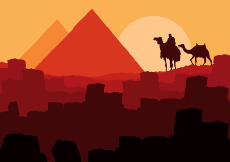 Camels with pyramids in wild africa landscapeのイラスト素材