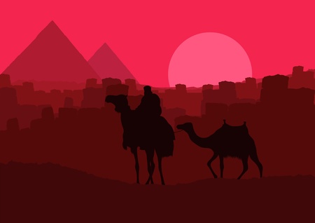 Camels with pyramids in wild africa landscapeのイラスト素材