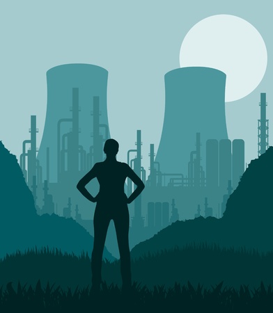 Young women in nuclear power plant foliage illustrationのイラスト素材
