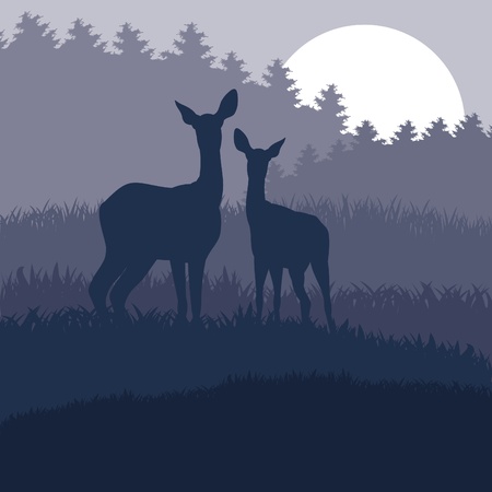 Rain deer family in wild night forest foliage illustrationのイラスト素材