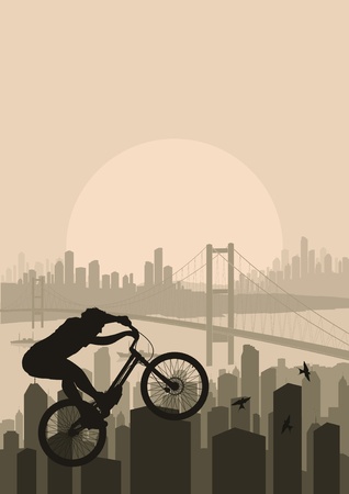 Mountain bike trial rider in skyscraper city landscape illustrationのイラスト素材
