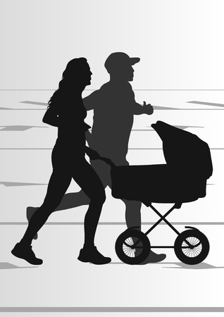 Marathon runners in urban city landscape background illustrationのイラスト素材