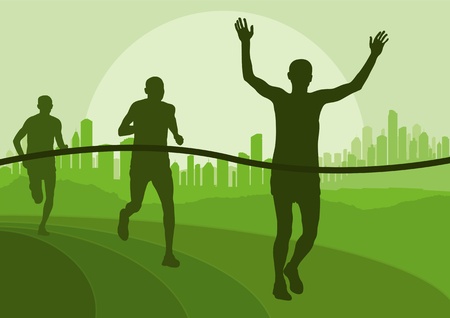 Marathon runners in urban city landscape background illustrationのイラスト素材