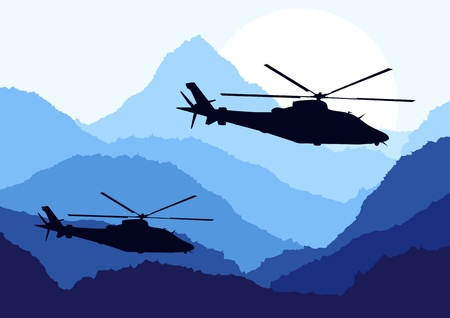 Army helicopters in mountain landscape background illustrationのイラスト素材
