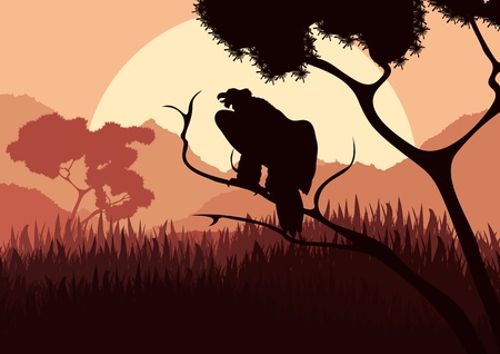Vulture bird hunting in wild nature landscape illustrationのイラスト素材