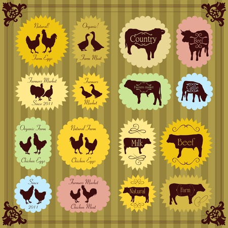 Farm animals market egg and meat labels food illustration collectionのイラスト素材