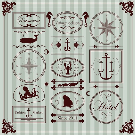 Vintage seafood restaurant frames and elements illustration collectionのイラスト素材
