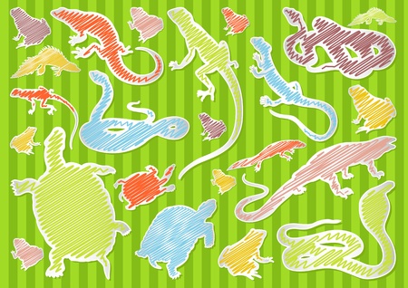 Colorful hand drawn amphibian reptile illustration collection backgroundのイラスト素材