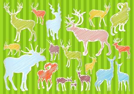 Colorful hand drawn deer and moose illustration collection backgroundのイラスト素材