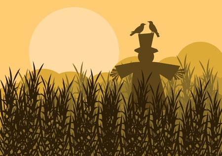 Scarecrow in corn field autumn countryside landscape background illustrationのイラスト素材