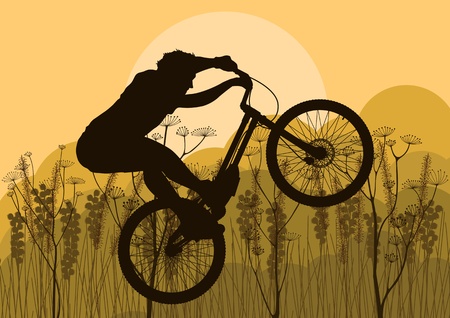 Mountain bike trial rider in wild nature landscape background illustrationのイラスト素材