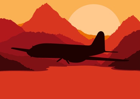 Plane flying in wild nature landscape illustrationのイラスト素材