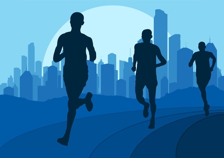 Marathon runners in urban city landscape background illustrationのイラスト素材