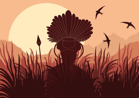 African warrior in wild nature landscape background illustrationのイラスト素材