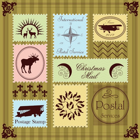 Vintage Christmas stamps illustration collection backgroundのイラスト素材