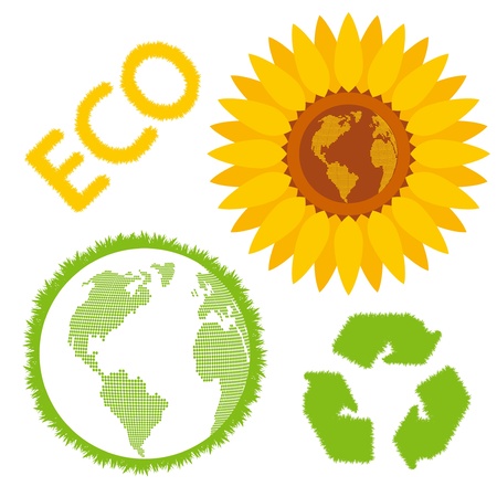 Ecology concept and signs vector background set of earth in sunflower and green grass globeのイラスト素材
