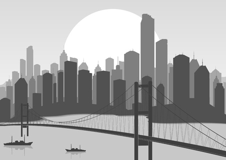 Retro skyscraper city bridge landscape background illustrationのイラスト素材