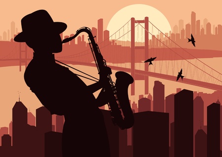 Saxophone player in skyscraper city landscape background illustrationのイラスト素材