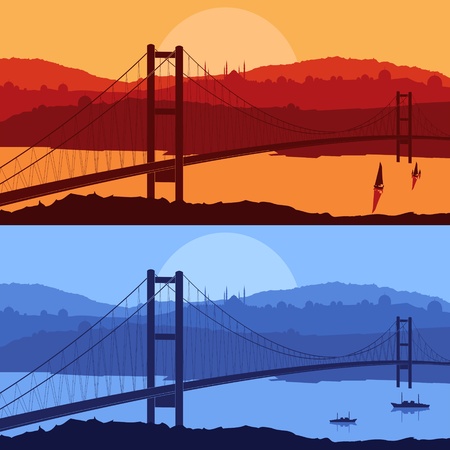 Bridge in day and night Arabic city landscape background illustrationのイラスト素材