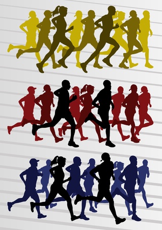 Marathon runners people silhouettes illustration vector collectionのイラスト素材