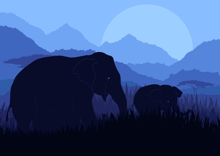 Elephant family silhouettes in wild nature mountain landscape background illustration vectorのイラスト素材