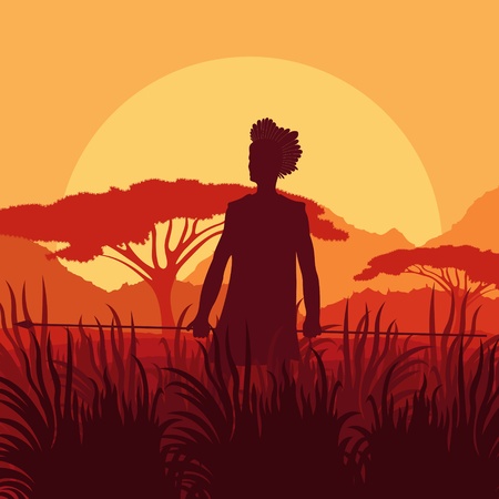 Native African hunter in wild nature landscape background illustration vectorのイラスト素材