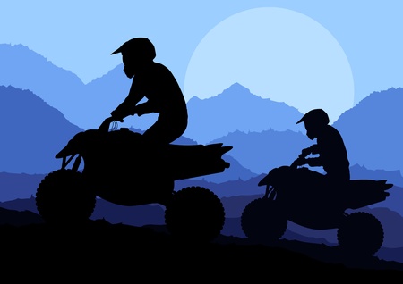 All terrain vehicle quad motorbike riders in wild nature landscape background illustration vectorのイラスト素材