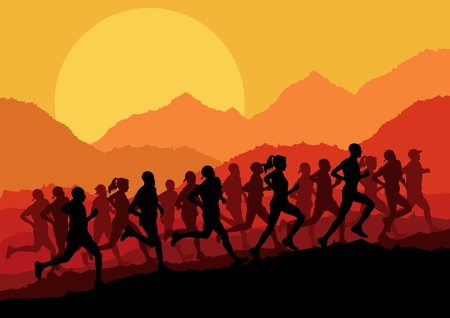 Marathon runners in wild nature mountain landscape background illustration vectorのイラスト素材