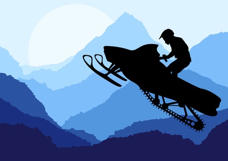 Snowmobile riders in wild nature landscape background illustration vectorのイラスト素材