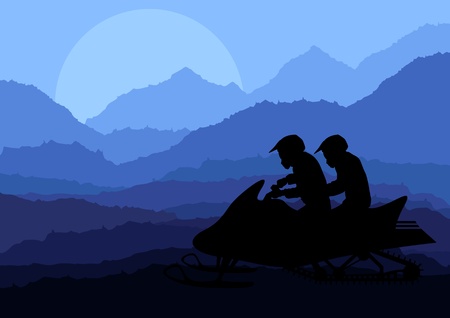 Snowmobile riders in wild nature landscape background illustration vectorのイラスト素材