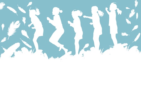 Kid jumping in feathers vector background with copy space for textのイラスト素材