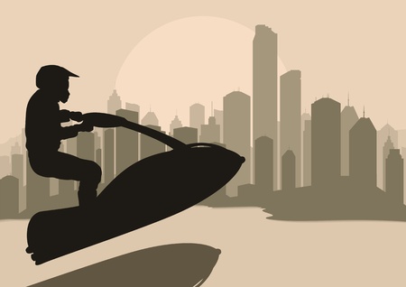 Ski jet water sport motorcycle rider in skyscraper city landscape background illustration vectorのイラスト素材