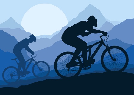 Mountain bike bicycle riders in wild nature landscape background illustration vectorのイラスト素材