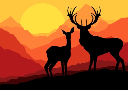 Deer family in wild mountain nature landscape background illustration vectorのイラスト素材