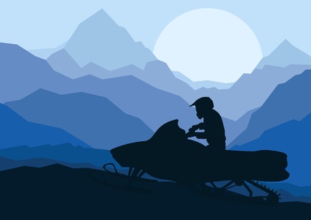 Snowmobile rider in wild nature landscape background illustration vectorのイラスト素材