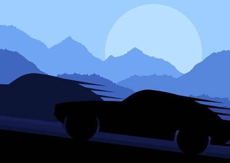 Sport cars silhouettes in wild mountain landscape background illustration vectorのイラスト素材
