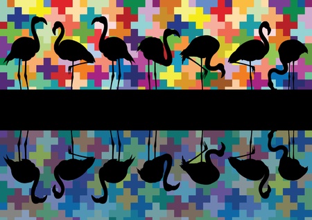 Colorful mosaic and flamingo birds silhouettes reflection illustration background vectorのイラスト素材