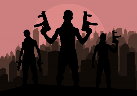 Bandits and criminals silhouettes in skyscraper city landscape background illustration vectorのイラスト素材