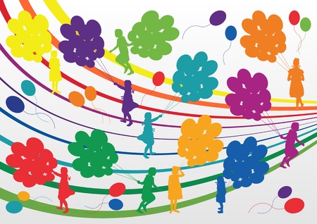Colorful children with balloons silhouettes illustration collection background vectorのイラスト素材