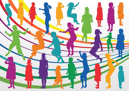 Colorful children and young girls silhouettes illustration collection background vectorのイラスト素材