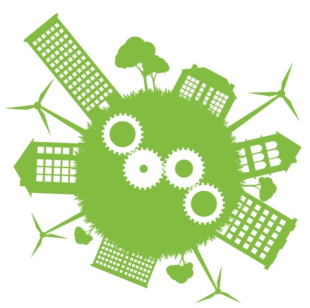 Ecological planet vector background with wind generators and conceptual gearsのイラスト素材