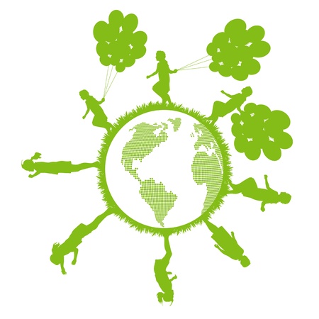 Green ecology plant with happy kids around itのイラスト素材