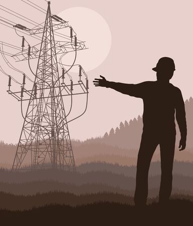 Power high voltage tower with engineer in front of itのイラスト素材