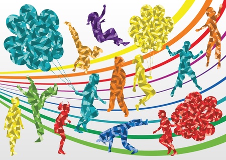 Colorful jumping children and balloon silhouettes illustration collection background vectorのイラスト素材