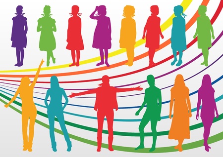 Colorful children and young girls silhouettes illustration collection background vectorのイラスト素材