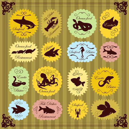 Vintage seafood labels illustration collection background vectorのイラスト素材