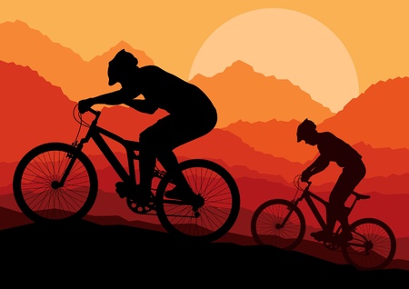 Mountain bike bicycle riders in wild nature landscape background illustration vectorのイラスト素材