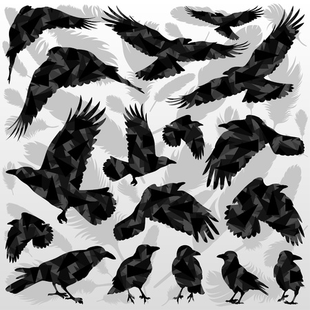 Crow and feathers silhouettes illustration collection background vectorのイラスト素材